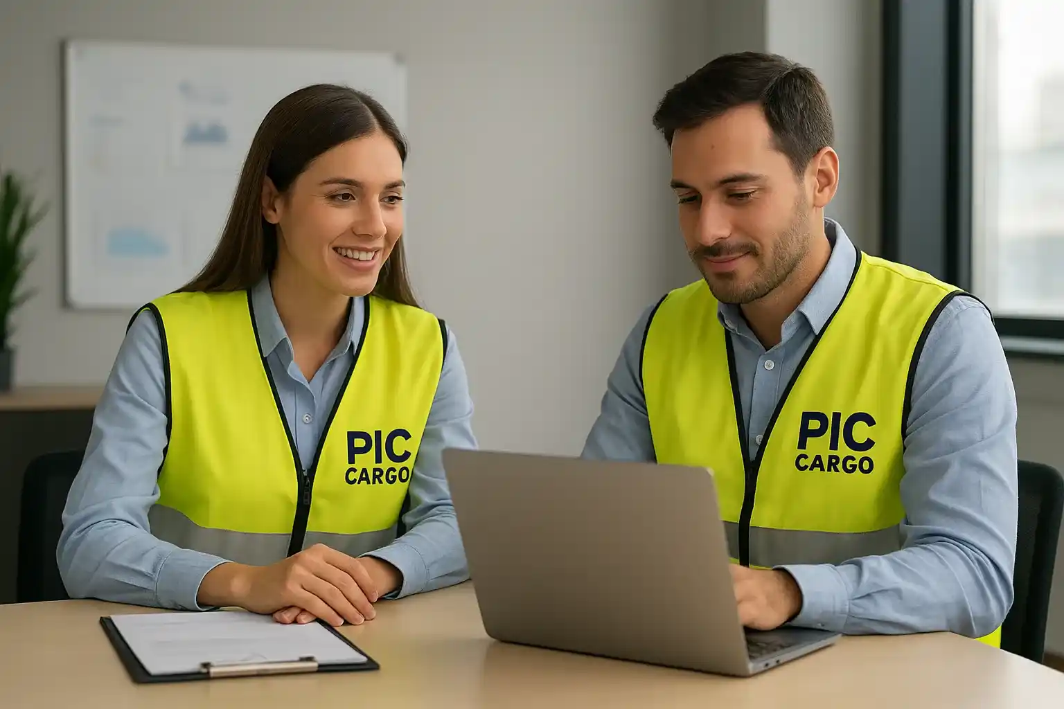 Equipo logístico y agente de carga planificando beneficios para el importador