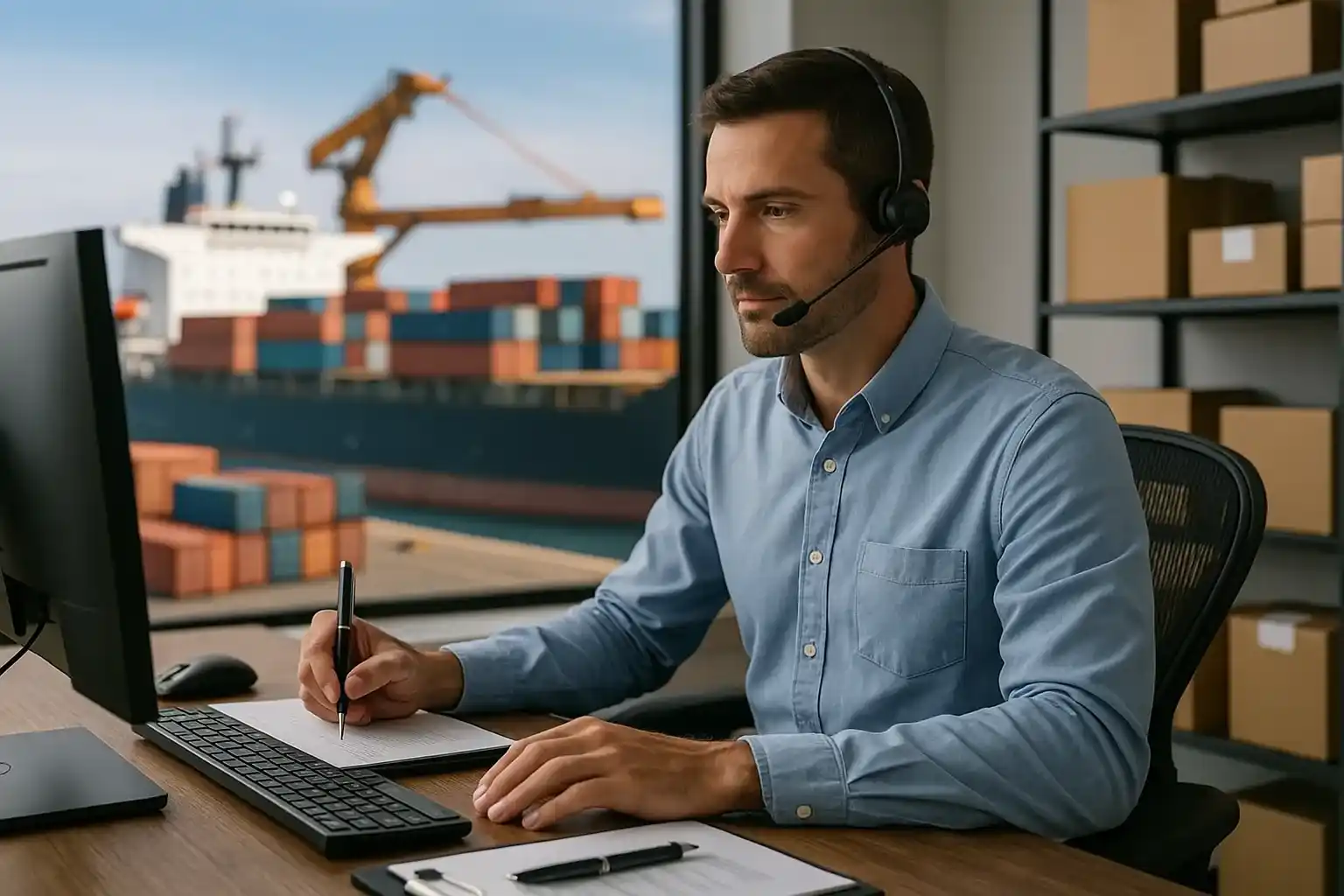 Agente de carga internacional gestionando envíos internacionales