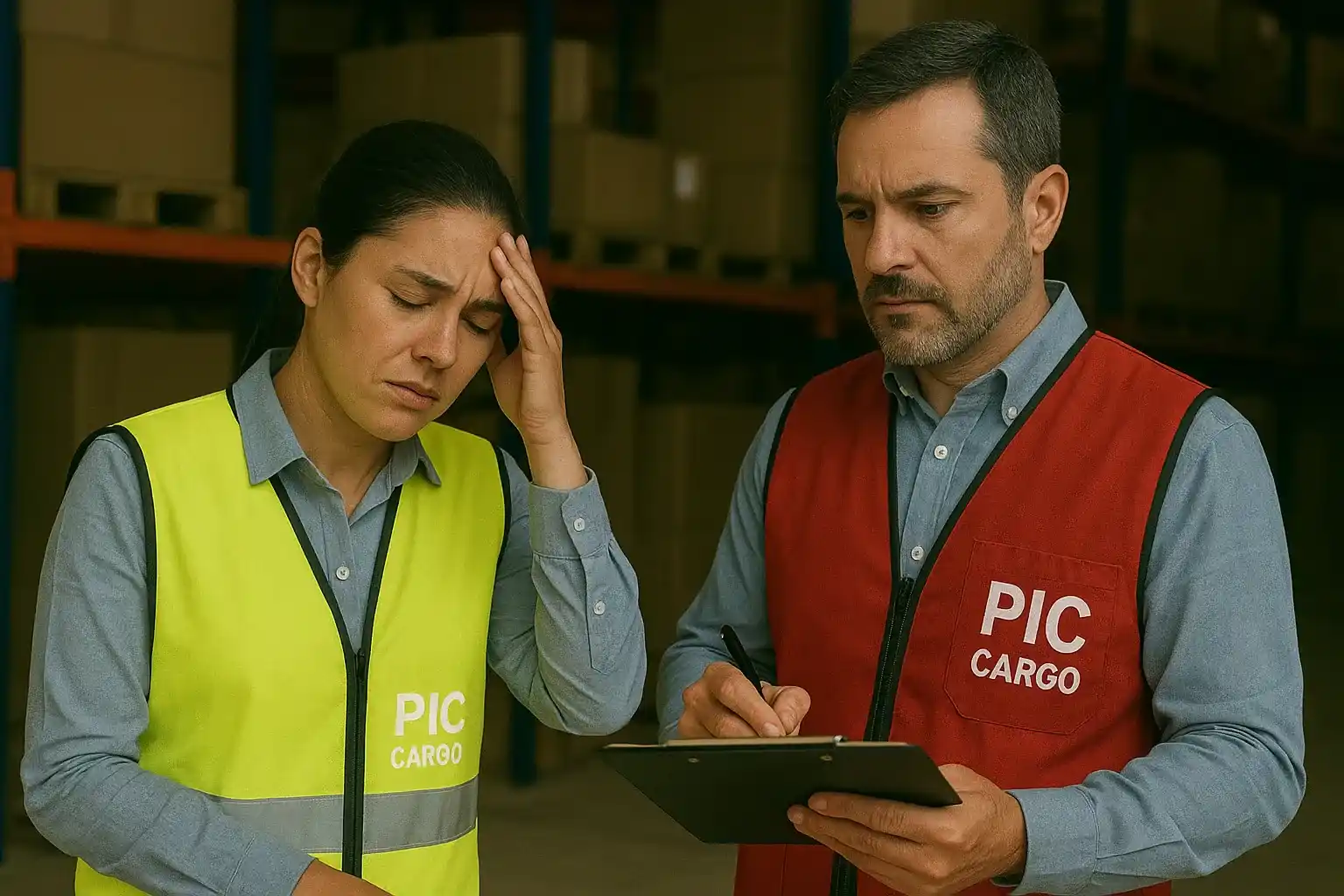 Agente de carga identificando riesgos y problemas logísticos en una operación marítima