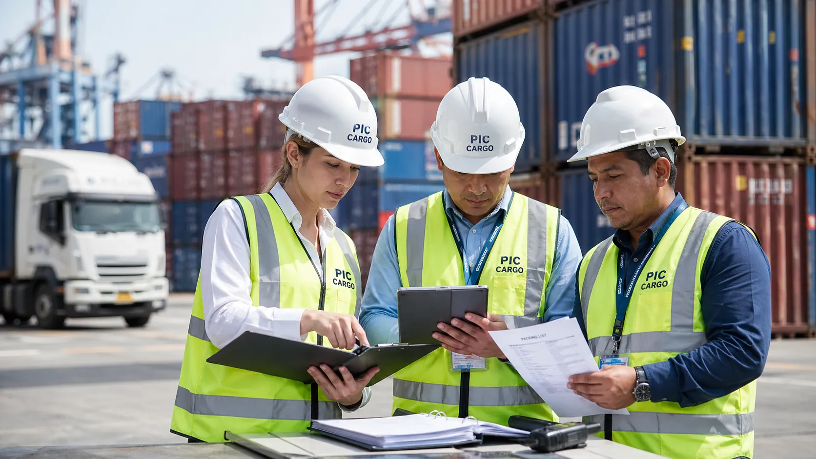 Equipo revisando logística, documentos e importación internacional