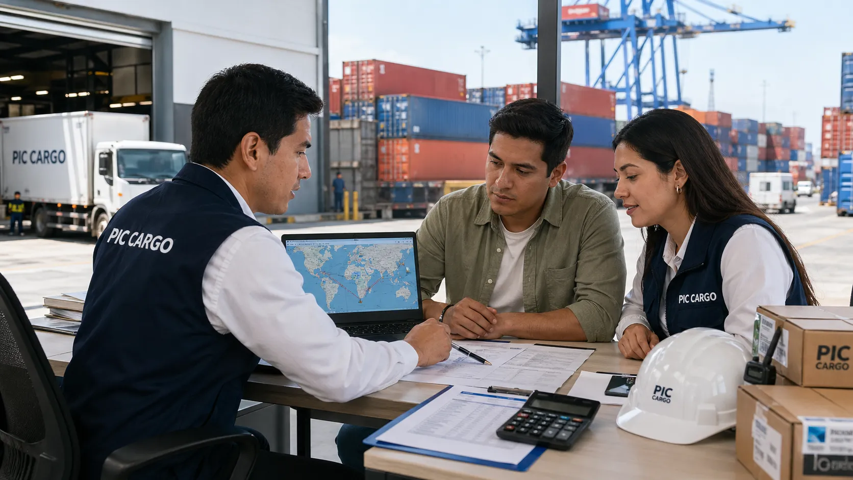 Equipo revisando datos logísticos y documentos de importación