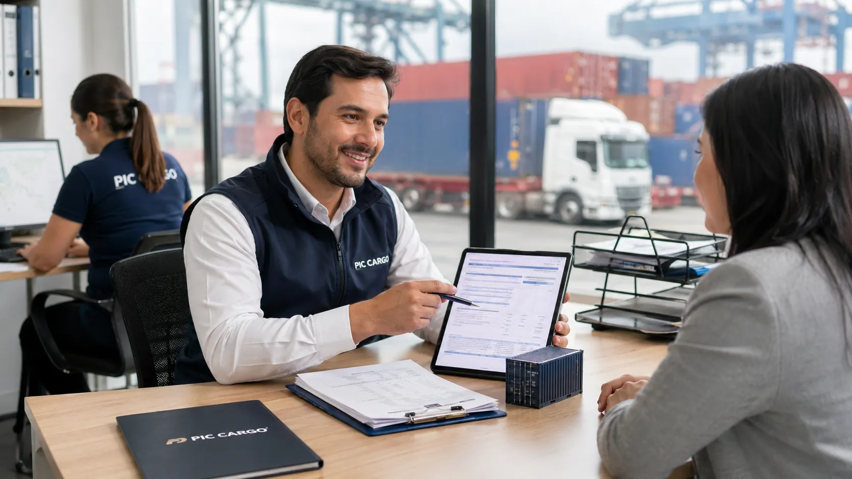 Asesor revisando documentos de importación y permisos