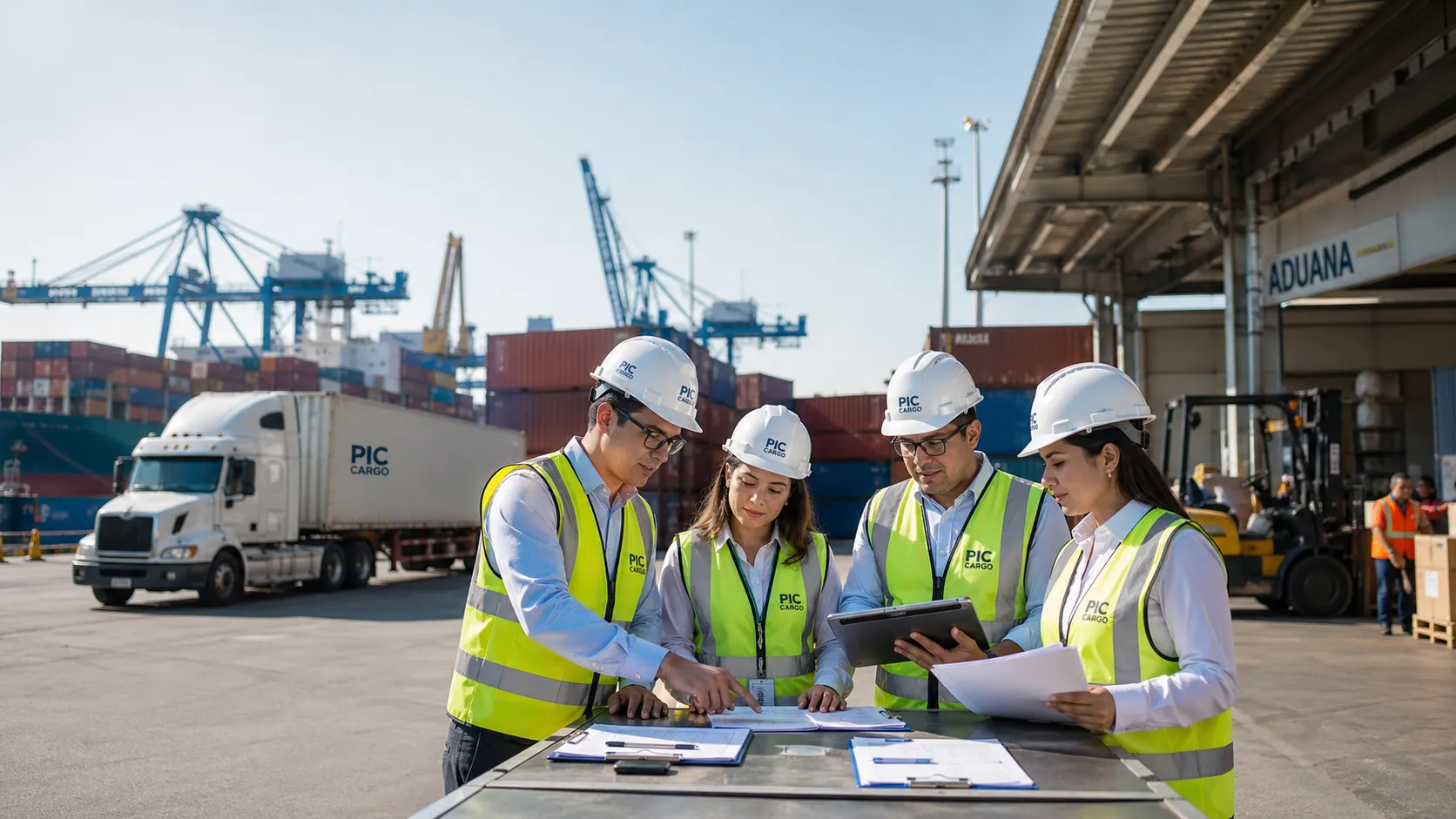 Equipo revisando documentos y logística de importación